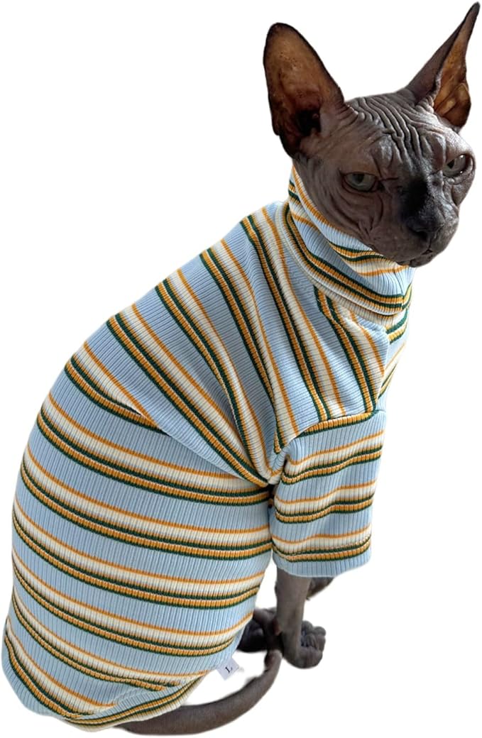 Turtle Neck Vintage Stripes Sphynx Hairless Cat Cotton T-Shirts Pet Clothes Vest Kitten Shirts Sleeveless, Cats & Small Dogs Apparel (Light Blue, XL (9-12.5 lbs))