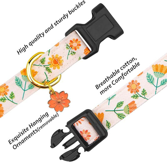 Cotton Handmade Dog Collar Cute and Distinctive Patterns Pink Sunflower with Pendant for Girl Boy Dogs Collars S