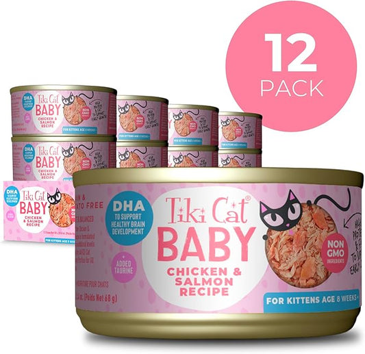 Tiki Cat Baby, Chicken & Salmon, High-Protein and 100% Non-GMO Ingredients, Wet Cat Food for Kittens 8 Weeks+, 2.4 oz. Can (12 Count)