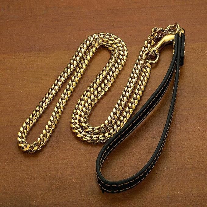 3FT/4FT/5FT Heavy Duty Gold Dog Chain Leash 10MM Stainless Steel Miami Cuban Link Chain with Durable Genuine Leather Handle for Training Walking(10mm,4ft)…