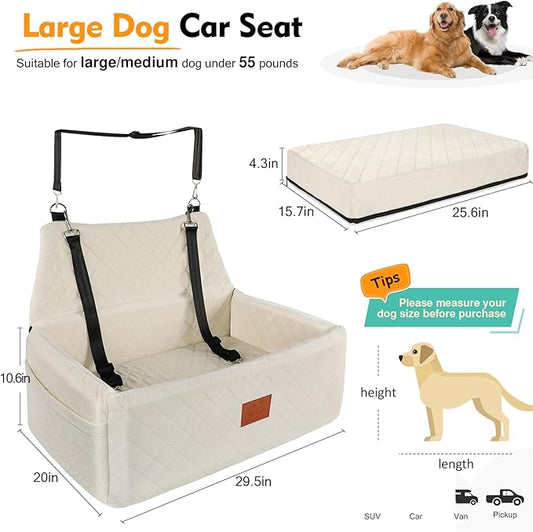 NEEZUKAR Dog Car Seat for Large Medium Dogs,Washable Pet Carseat Under 55 lbs or 2 Small Dogs,Dog Booster Seat Travel Bed with Thick Cushion,2 Safety Leashes
