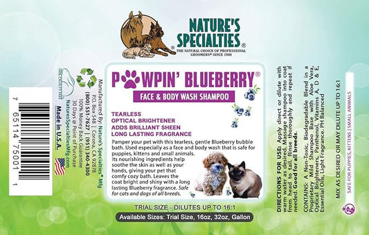 Nature's Specialties Pawpin' Blueberry Ultra Concentrated Dog Face and Body Wash for Pets, Makes up to 4 Gallons, Natural Choice for Professional Groomers, Tearless Formula, Made in USA, 32 oz