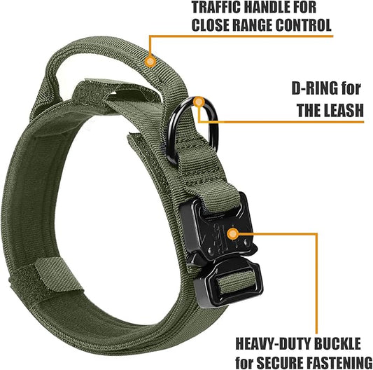 Tactical Military Dog Collar - Adjustable Nylon, Heavy Duty Metal Buckle with Handle for Training, Patches (Green, XL)