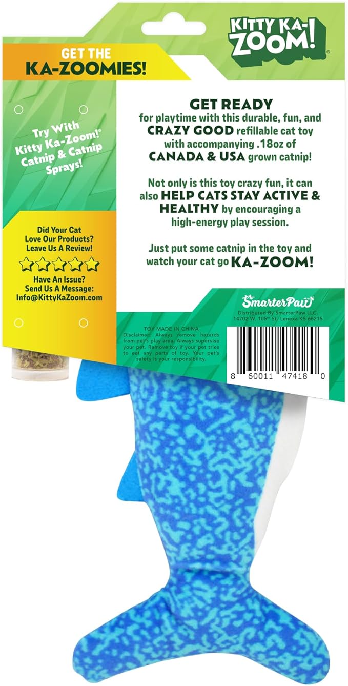 KITTY KA-ZOOM ZOOMIE Shark Kicker - Refillable Catnip Toy + Catnip | High Potency Hand Harvested Fresh | Soft Plush for Engaging Play