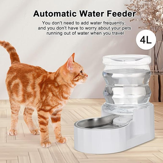 RIZZARI Pet Water Bowl Dispenser: 4L Large Capacity Automatic Stainless Steel Gravity Feeder - Easy Clean -No Power Needed - with Triple Filter - for Kittens & Puppies - Pet Corner - Living Room Nook