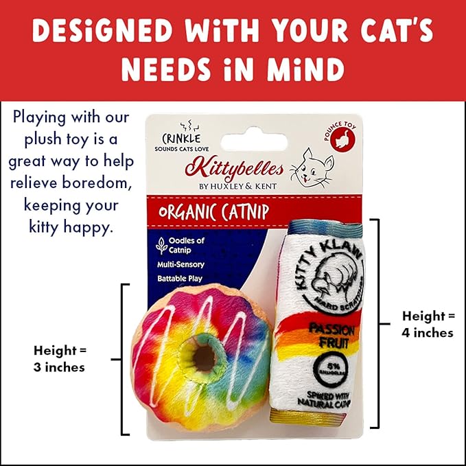 Huxley & Kent Plush Cat Toy - Interactive Catnip Toy for Cats & Kittens - Soft with Crinkle & Catnip - Fun Indoor Play -Pride Donut & Klaw Passion Fruit 2pk