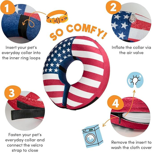 BENCMATE Inflatable Dog Cone Collar Alternative, Soft Dog Cone for Small Medium Large Dogs and Cats, Neck Recovery ECollar Donut Collar After Surgery (Medium+, Flag)