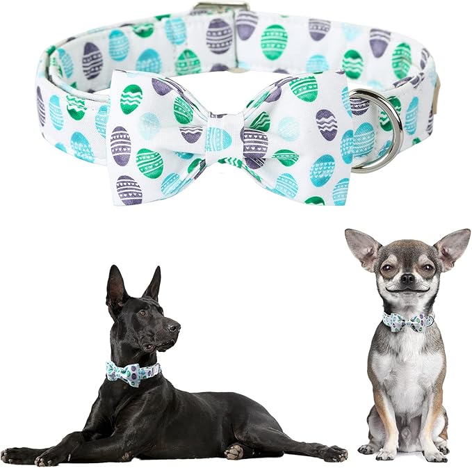 Easter Dog Collar with Bow Tie - Adjustable Easter Eggs Dog Collar Classic Bowtie Metal Buckle Puppy Collars for Small Medium Large Dogs XL