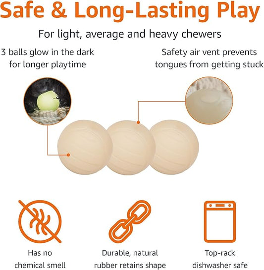 Amazon Basics Dog Toys, Interactive Glow Rubber Balls, (Pack of 3), 2.5 inch, Beige