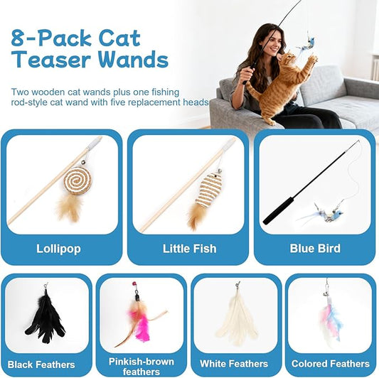 Goosheep 8 Pack Cat Wand Toy Cats Toy (2 Solid Wood Teases+1 Extendable Teaser Wand with 5 Replacement Heads