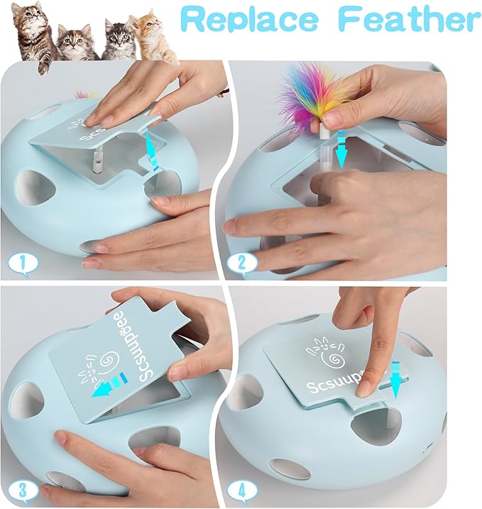 Scsuupoee IInteractive Cat Toy, Electric Cat Toys for Moving Concealed Feathers, Smart Sensor 7 Holes Whack a Mole Feather Toy, USB Charge Automatic Kitten Toys,Blue