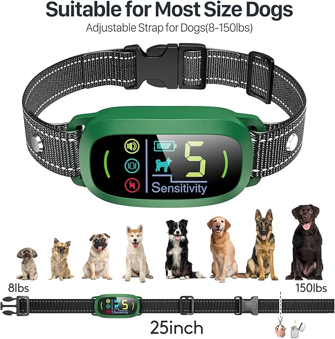 FAFAFROG Bark Collar, Rechargeable Dog Bark Collar with 5 Adjustable Sensitivity and Intensity Beep Vibration, Anti Barking Collar for Small Medium Large Breed Dogs (Green)