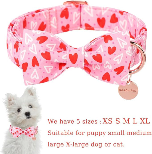 Valentine’s Day Dog Collar with Bow Tie, Red Heart Bowtie Collar with Metal Buckle, Valentine’s Day Gift Pet Collar for Puppy Girl Boy Dog or Cat, Wedding Dog Collar,XL, Neck 16-26in