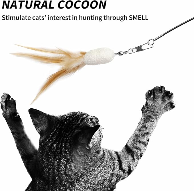 uahpet Natural Feather Cat Toys for Indoor Cats Retractable Kitten Wand 60inch Safe Hunting Distance Interactive Toys for Kittens