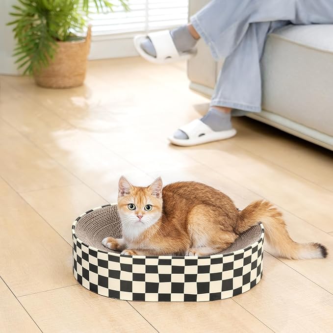 Conlun Cat Scratcher Cardboard,2 in 1 Oval Cat Scratch Pad Bowl for Indoor Kitty Grinding Claw,Round Kittens Scratching Board Corrugated Lounge Pet Beds&Furniture Protector for Sofas
