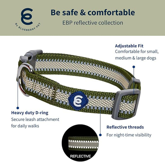 Blueberry Pet Essentials Matching Large Dog Collar | Adjustable Classic Solid Color Nylon Dog Collars for Large Dogs | Reflective Dark Olive Dog Collar for Large Dogs