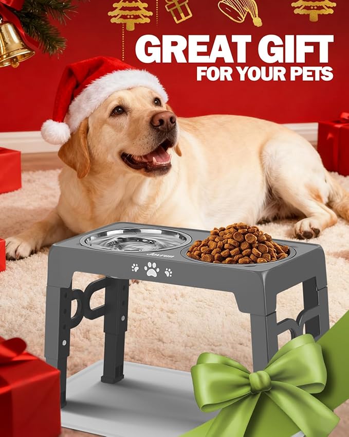 Elevated Dog Bowls, Dog Feeder with 1*Stainless Steel Dishes & 1*Slow Feeder Bowl, 5 Heights Adjustable Raised Stand for Medium Large, Food Dishes with Non-Slip Feet