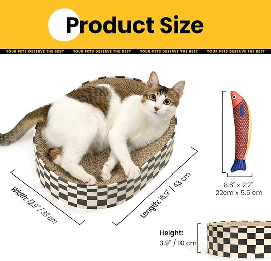 Conlun Cat Scratcher Bed,2 in 1 Oval Cat Scratching Board for Indoor,Scratch Pad Corrugated Cardboard Lounge Bowl Nest Couch Sofas for Kitty Play&Rest,Holiday Birthday Gift with Kittens Toy Fish