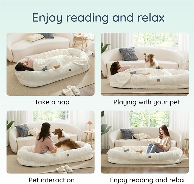 Human Dog Bed Cover - Luxury Faux Fur Giant Size Dog Bed Cover, 72"x40"x10", Ivory White