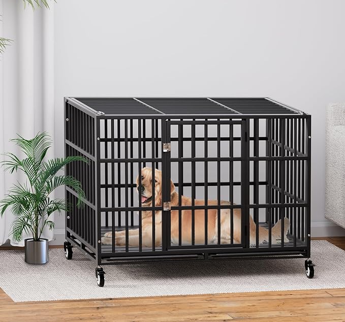 HMHTCT 48 Inch Heavy Duty Dog Crate with Wheels,Indestructible Escape-Proof Dog Kennel with Locking Latch and Double Door,Extra Large XL XXL Crate Indoor for Large and Medium Dog with Removable Tray