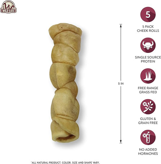 Wild Eats Water Buffalo Retriever Style Cheek Roll Dog Chews-5 Pack (Long Lasting Chews, Treats, Bones for Aggressive Chewers & Large Dogs) Great Substitute Pig Ears Dogs