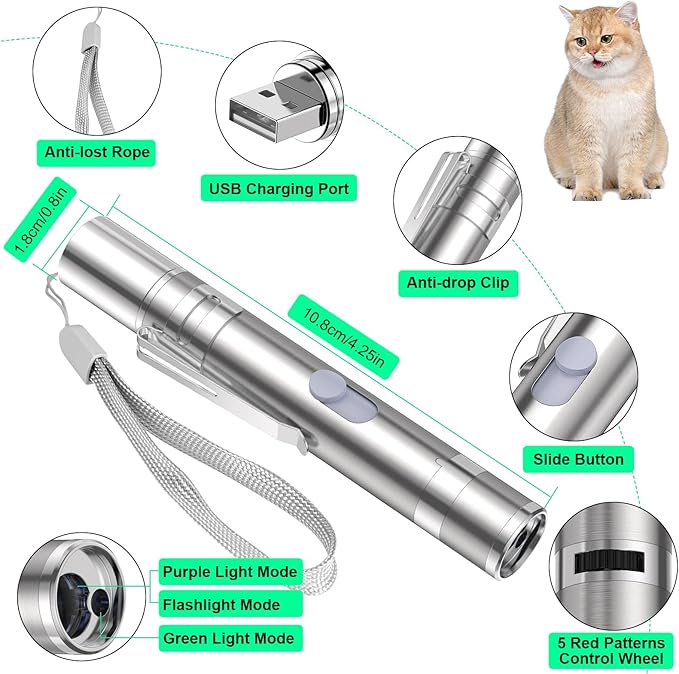 Cat Toy for Indoor Cats, USB Rechargeable Kitten Toys with 5 Adjustable Green Patterns, Interactive Chase Toys for Indoor Cats & Dogs, Training & Exercise Fun