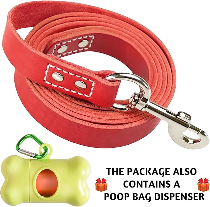 ADITYNA Heavy Duty Leather Dog Leash 6 ft x 1" - Strong, Soft Training Lead for Large & Extra Large Breeds (Red, XL - 6 ft x 1 inch)