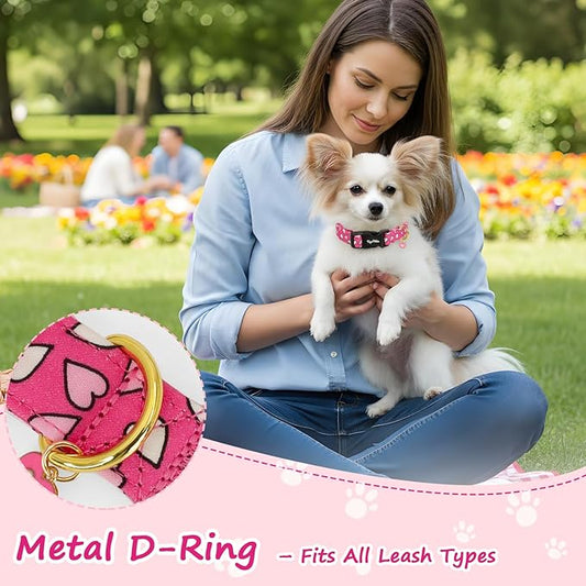 Valentines Dog Collar with Pink White Heart Pattern, Adjustable Medium Dog Collar with Safety Buckle & Heart Charm, Spring Summer for Girl Boy Dogs-M