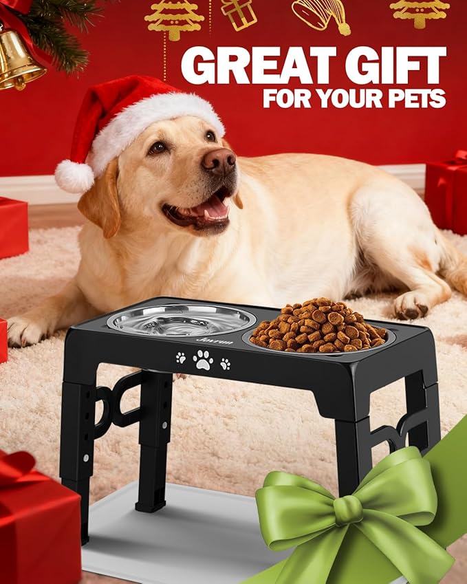 Elevated Dog Bowls, Dog Feeder with 1*Stainless Steel Dishes & 1*Slow Feeder Bowl, 5 Heights Adjustable Raised Stand for Medium Large, Food Dishes with Non-Slip Feet