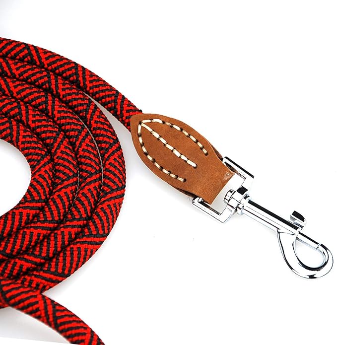 Mile High Life | Mountain Climbing Dog Rope Leash with Heavy Duty Metal Sturdy Clasp | Genuine Leather Tailored Connection with Strong Stitches (Red, 60 Inch (Pack of 1))