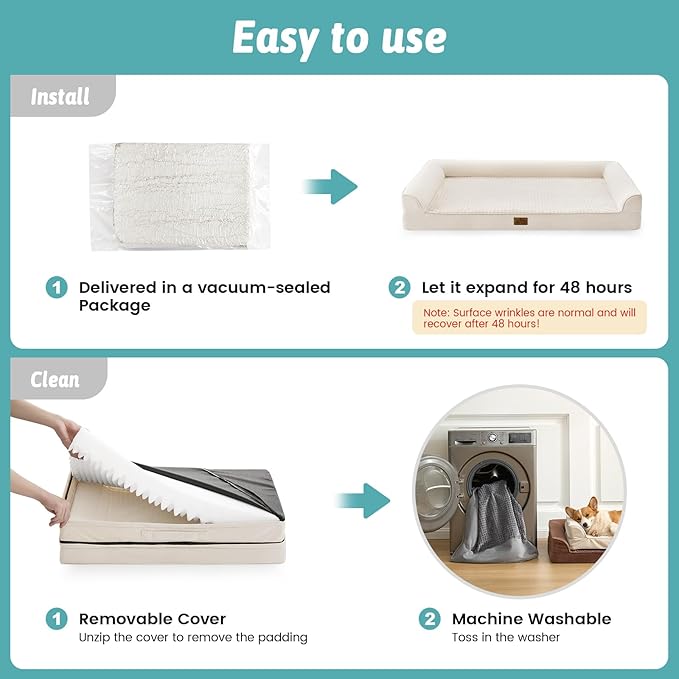 COZY KISS Dog Beds for Extra Large Dog, XXL Bolster Pet Couch with Waterproof Lining, Egg Crate Foam Sofa for Pets Up to 150 lbs, U-Shaped, 48x35x8 inch, Beige