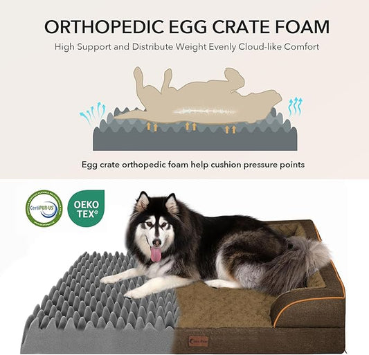 Casa Paw Orthopedic Dog Beds for Extra Large Sized Dogs, Waterproof Memory Foam XL Pet Bed with Sides 48x30Inch, Non-Slip and Egg-Crate Foam Big Dog Couch Bed with Removable Washable Cover, Brown