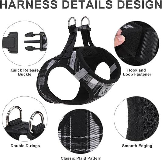 EXPAWLORER Classic Plaid Puppy Harness - Dog Collar and Leash - Soft Mesh Padded Adjustable Step in Small Dog Vest Harness No Pull, Reflective Escape Proof for Outdoor Walking, Black XS