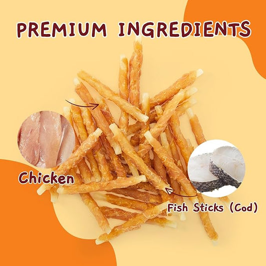 Jungle Calling Rawhide Free Dog Treats, Chicken Wrapped Cod Sticks for Dogs, Easily Digestible Long Lasting Dog Chews, Soft Dog Treats for Training Small Medium Dogs, 1.32 lb