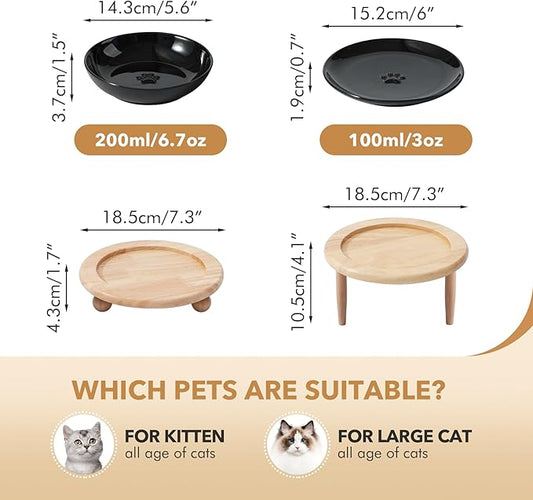 Havniva Raised Ceramic Wide Whisker Friendly Cat Dishes, Food&Water Bowl with 2 Style Stand Adjustable Pet Bowl Set(1Dish+1Shallow Dish+Stand, Black