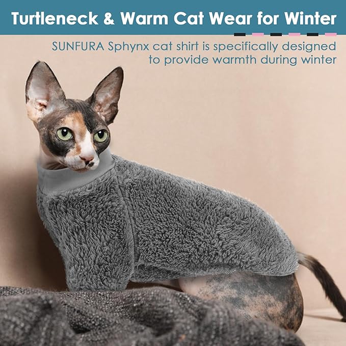 SUNFURA Sphynx Cat Sweater, Hairless Cats Turtleneck Pullover Kitten Sweaters for Cats Only, Warm and Soft Cat Pajamas Shirt with Sleeves Pet Winter Clothes Fleece Jumpsuit for Puppy, Grey S