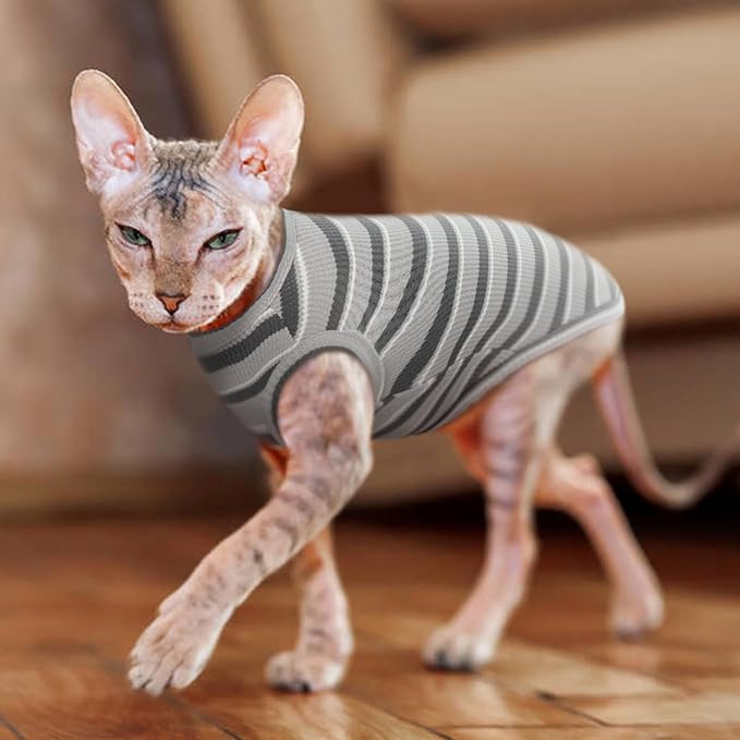 BRKURLEG Hairless Cats T Shirt, Cat Sweaters, Pullover Kitten Shirts, Sleeveless Round Collar Cotton Vest for Cornish Rex Devon Rex Peterbald and Small Dogs Sweater(Grey Stripes, S)