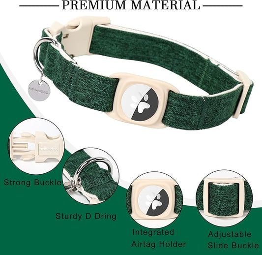 DOGWONG Cotton Hemp Dog Collar, Heavy-Duty with Airtag Holder, Christmas Green, Natural Durable Material, for Small Medium Large Dogs
