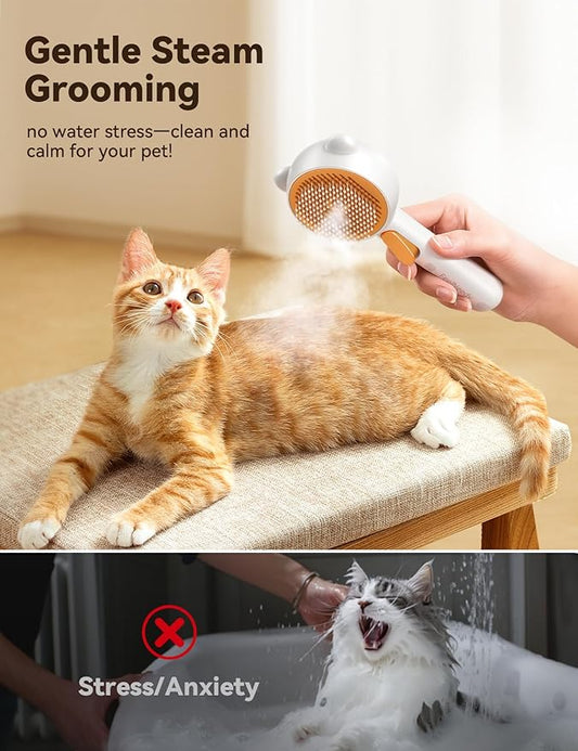Pet Steam Brush for Dogs & Cats , Brushes for Indoor Cats with Release Button, Dual Speed Spray USB Rechargeable Grooming Supplies, Dog Brush for Shedding Suitable for All Long- and Short-haired Pets