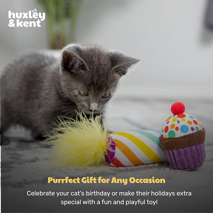 Huxley & Kent Plush Cat Toy - Interactive Catnip Toy for Cats & Kittens - Soft with Crinkle & Catnip - Fun Indoor Play - Mewow Cupcake & Candle, 2pk