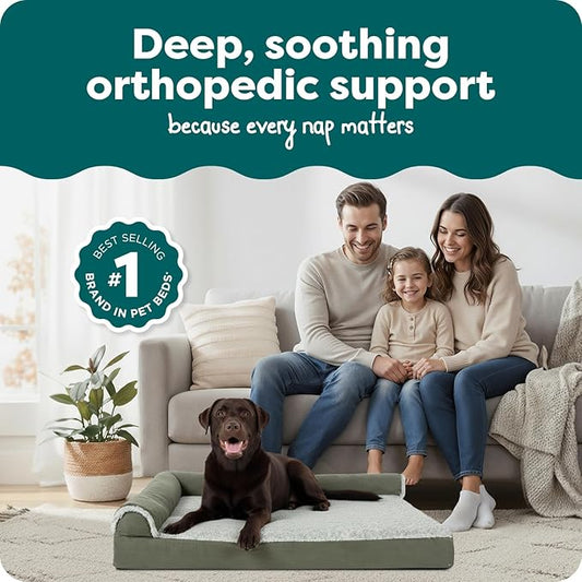 FurHaven Orthopedic Dog Bed for Large Dogs, L-Shaped Chaise Mattress with Orthopedic Egg Crate & Solid Orthopedic Foam Base for Joint Support, Washable Cover, Jumbo XL, Faux Fur & Suede, Dark Sage