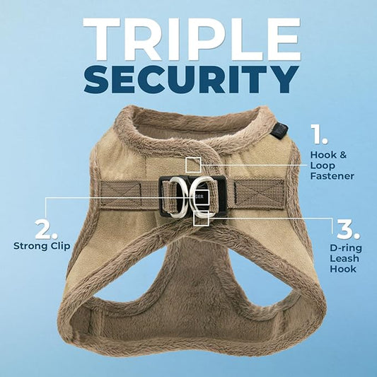 Best Pet Supplies - All Weather Plush, Reflective, No Pull Harness for Small, Medium Dogs, Cats - Secure with Hook & Loop Fastener, Buckle, Double D-Rings - Latte Suede, M
