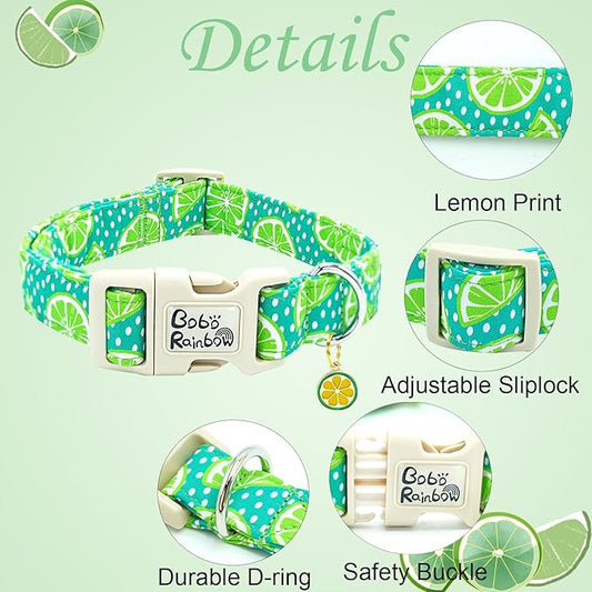 Dog Collar-Cute Lemon Print Adjustable Pet Collar Soft Comfortable SturdyPuppy Collar Green Cotton Collars for Medium Dogs