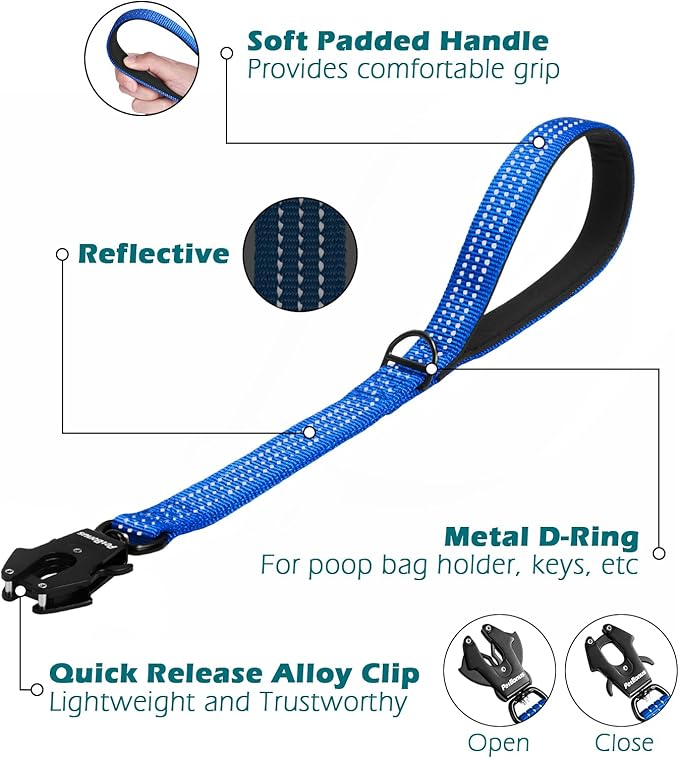 PetBonus Heavy Duty Short Dog Leash, 18 Inch Nylon Traffic Leash with Quick Release Clip, Comfortable Padded Handle, Reflective Training Lead for Medium Large Dogs (Dark Blue, 18")