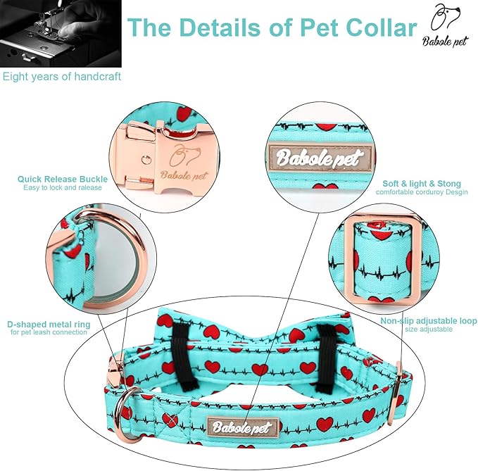 Valentines Dog Collar with Bow Tie,Green Love Heart Signal Valentine Dog Collars with Safety Metal Buckle Adjustable Puppy Collars for Small Medium Large Boy & Girl Dogs XS