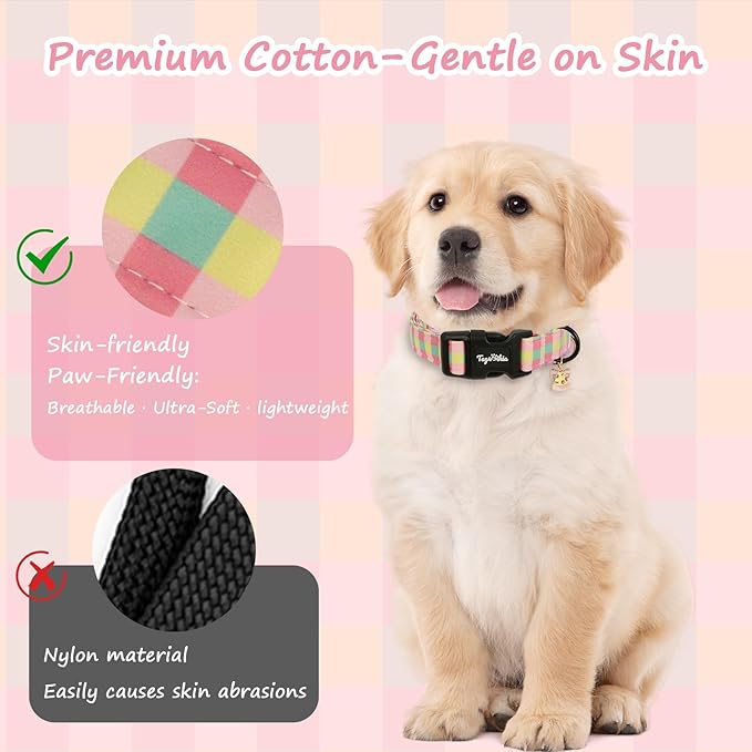 Dog Collar with Colorful Check Pattern, Spring Summer Collection Dog Collar with Exquisite Pendant, Durable Adjustable Collars for Gifts & Daily Use-XS