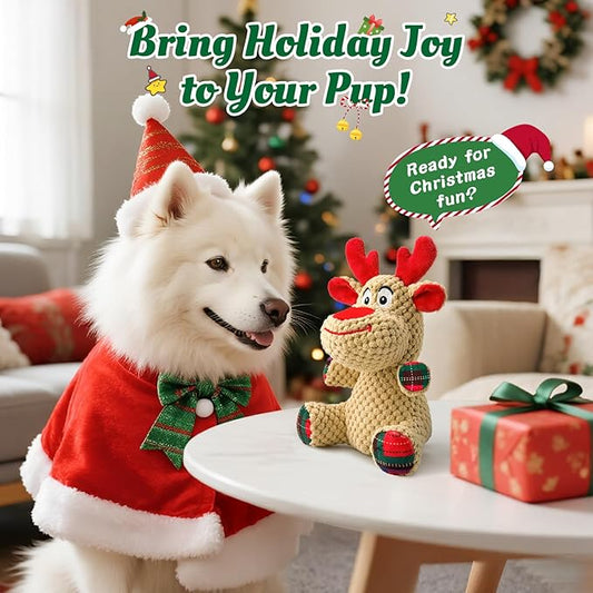 Reindeer Squeaky Plush Dog Toy – Soft Crinkle Stuffed Chew Toy for Small & Medium Dogs, Cute Holiday Puppy Toy