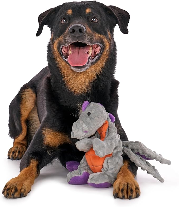 goDog Dragons Squeaky Plush Dog Toy with Chew Guard Technology, Durable Fabric & Squeaker for Active Play, Gray, Large