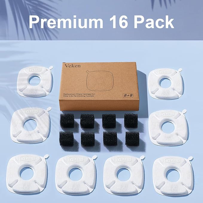 Veken Cat Water Fountain Filter, Classic 8 Pack Replacement Filters & 8 Pack Replacement Pre-Filter Sponges for 50oz, 84oz, 95oz or 108oz Automatic Pet Fountain Dog Water Dispenser