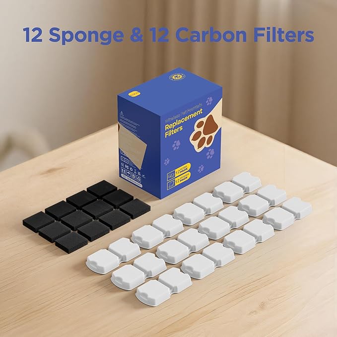 Cat Water Fountain Filter: 24 Cat Fountain Filter Replacement - 12 Carbon Filters & 12 Foam Filters - Suitable for IHOUONE Stainless Steel pet Fountains
